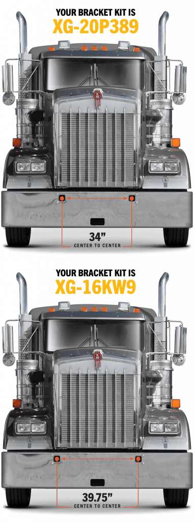 Kenworth W900B tow-hook comparison showing 34-inch spacing for XG-20P389 and 39.75-inch spacing for XG-16KW9