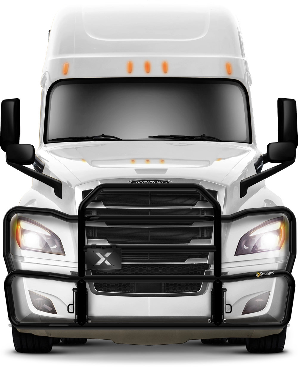 Black Grille Guard for Freightliner Cascadia semi-truck - White Cascadia deer guard