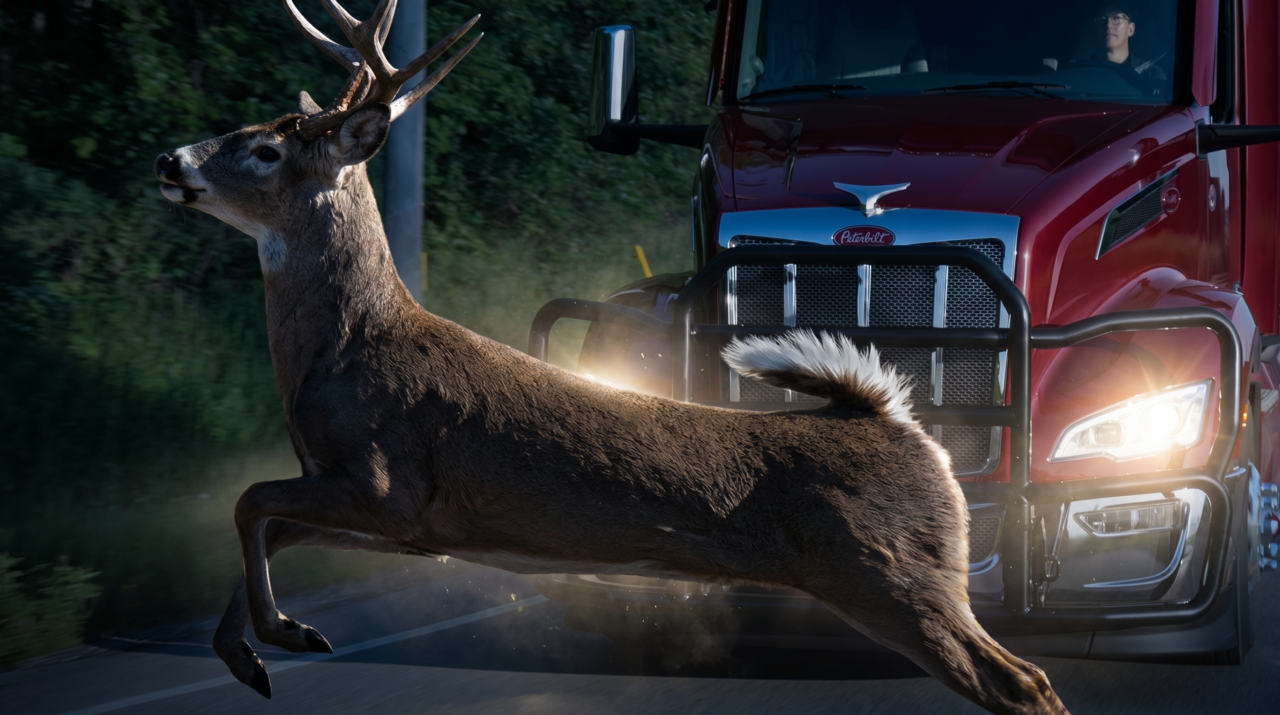 Deer leaping in front of a semi truck equipped with an Ex-Guard grille guard